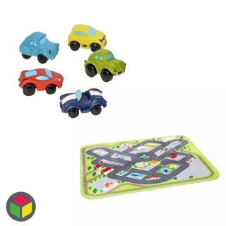 Pět měkkých autíček připravených k dobrodružství a velký městský koberec plný silnic, obchodů a čerpacích stanic – ideální...